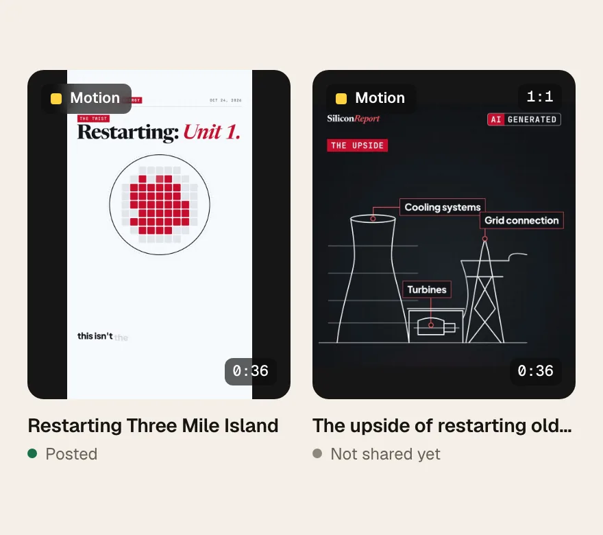 Two finished videos in the Gemelo library, each framed as a film with a Motion tag and timecode: Restarting Three Mile Island in 9:16 and The upside of restarting old plants in 1:1. Example output from Silicon Report.